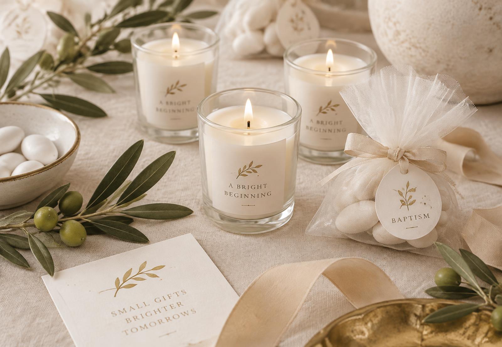 Handmade christening favors with olive branches and candles